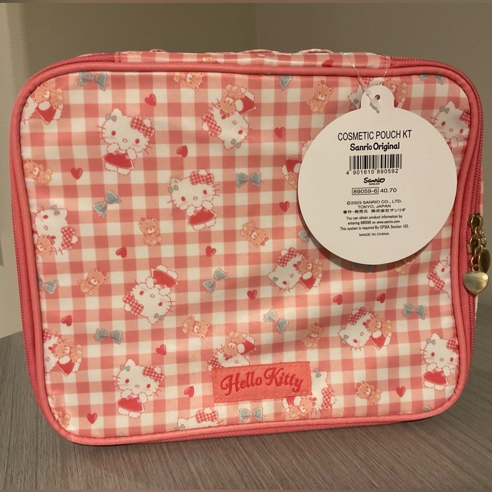 Sanrio Hello Kitty Coral Pink Gingham Cosmetic Pouch